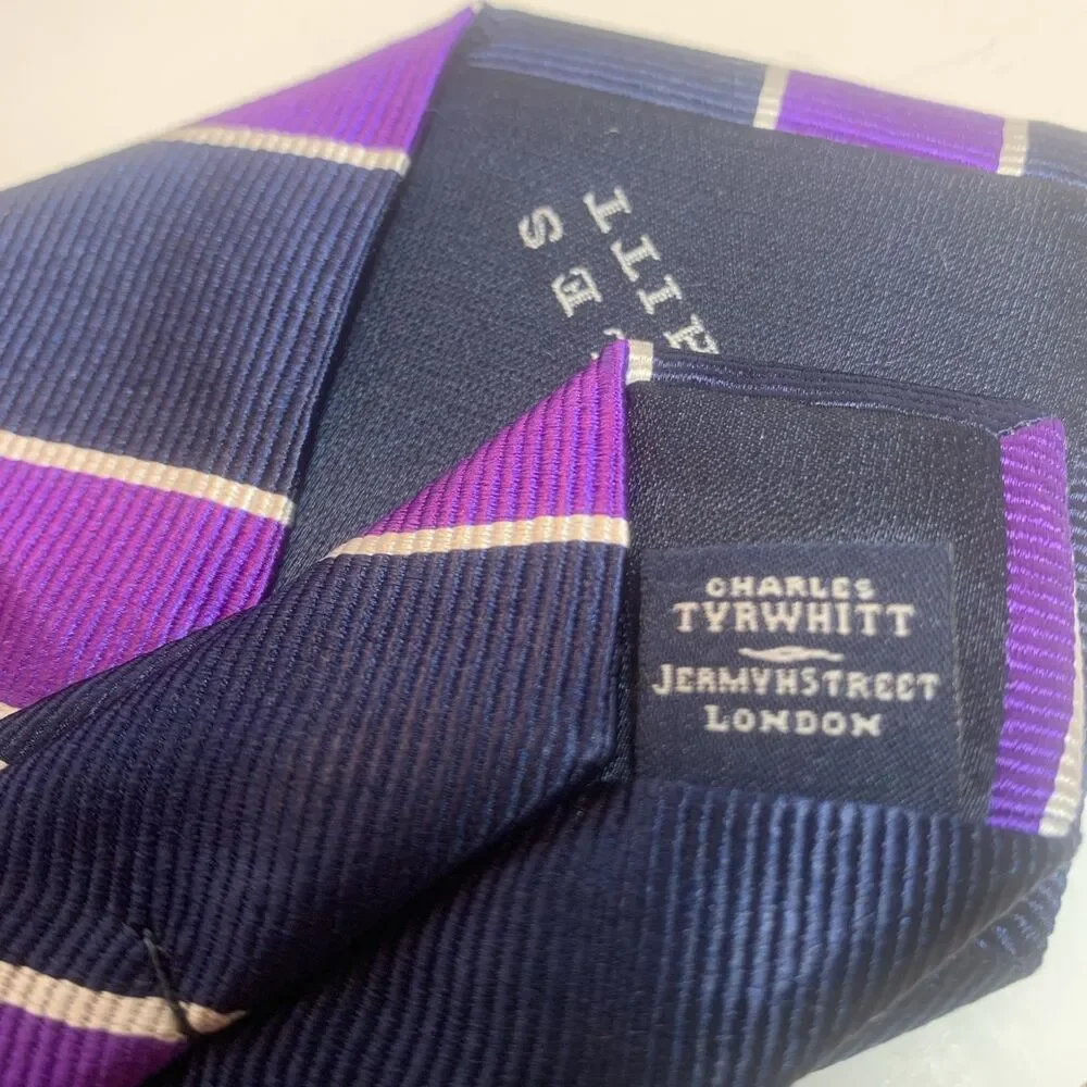 Charles Tyrwhitt London 100% Pure Silk Purple Striped Necktie 58”x3” Designer